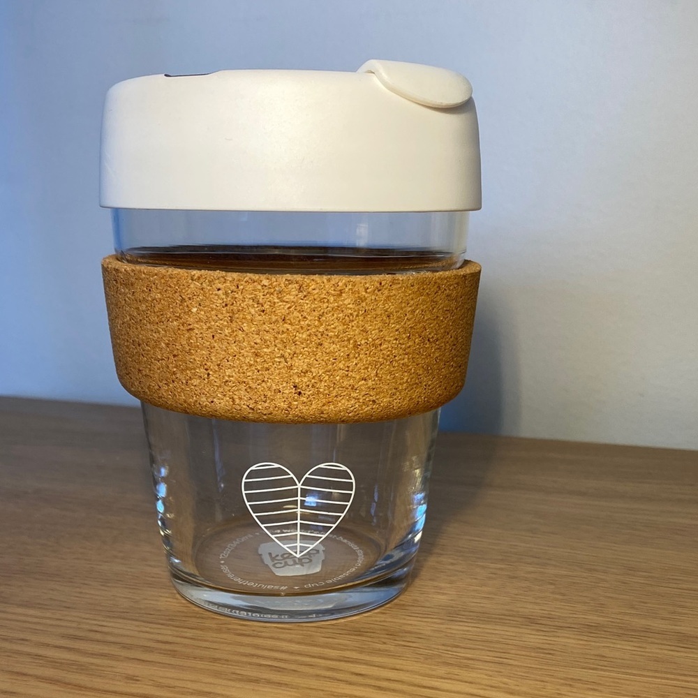 KeepCup Reusable Glass Coffee Cup 12oz 340 ml • White with Cork Band